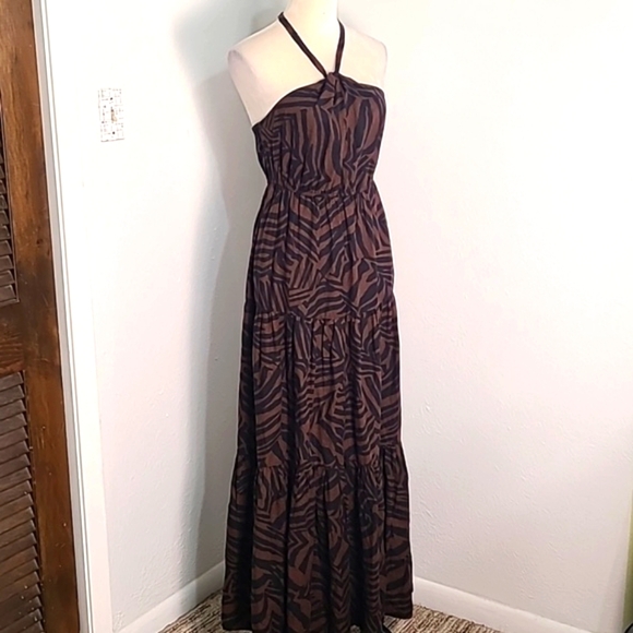 Nicole Miller Dresses & Skirts - Nicole Miller Brown & Black Maxi-Dress with Halter Neck, Tiers, Ruffle, Size XS